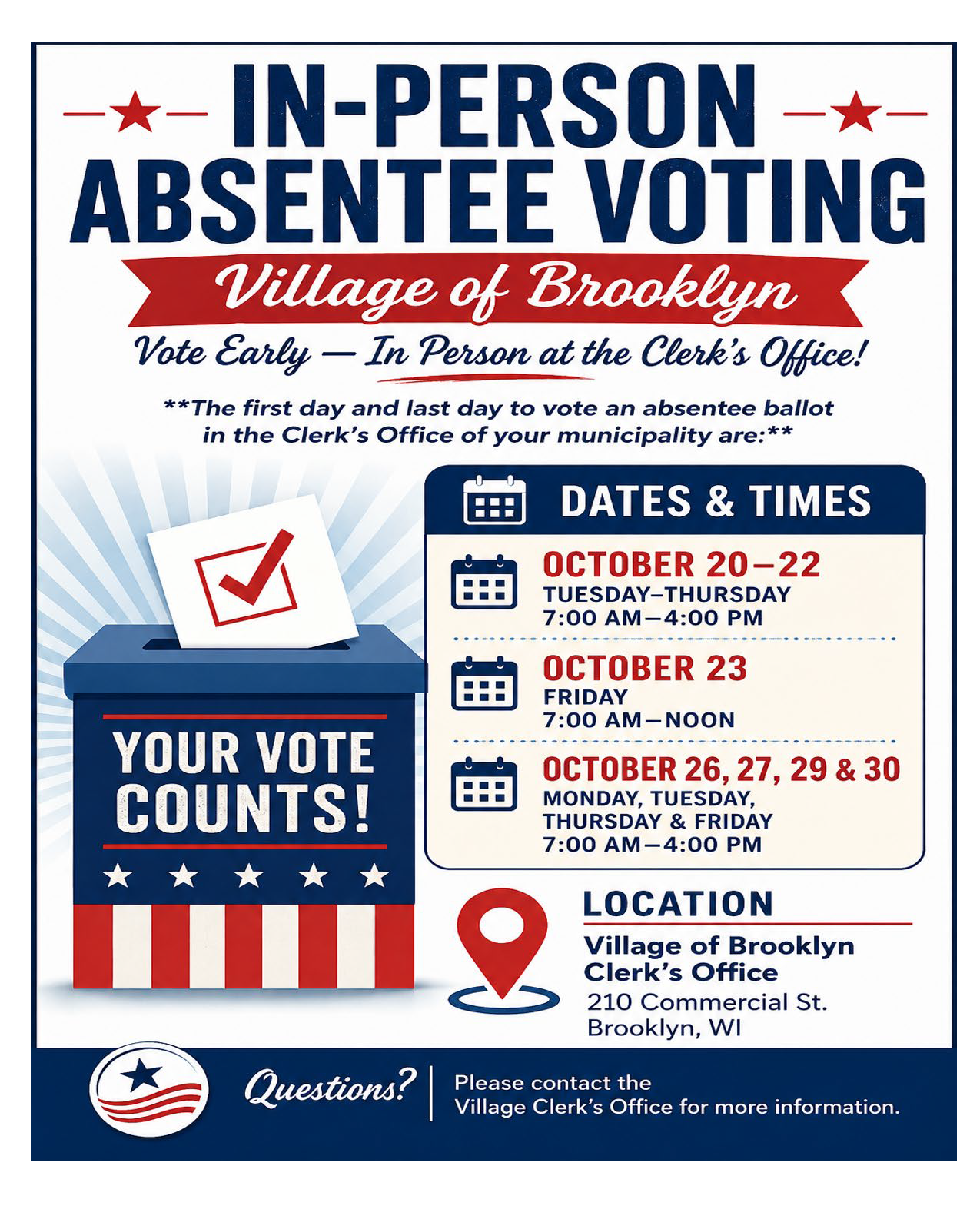 In-Person Absentee Voting Days & Times for the Village of Brooklyn